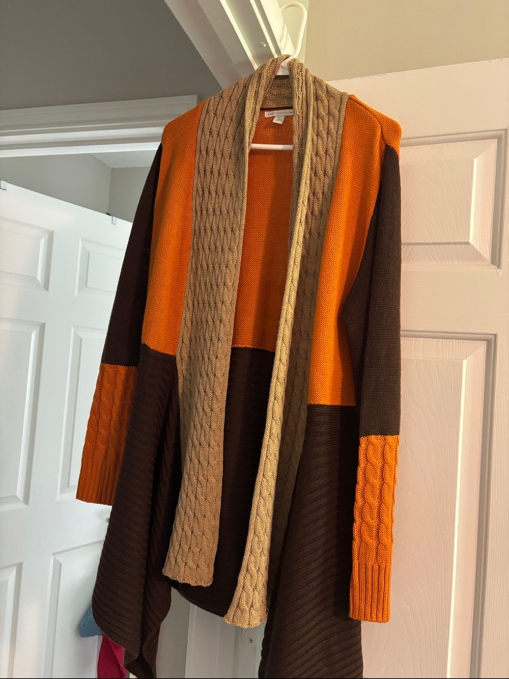 Cato Orange and Tan Cable-Trim Open Front Cardigan